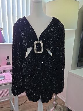 Black Sequin Ruched Mini Dress with Crystal Buckle